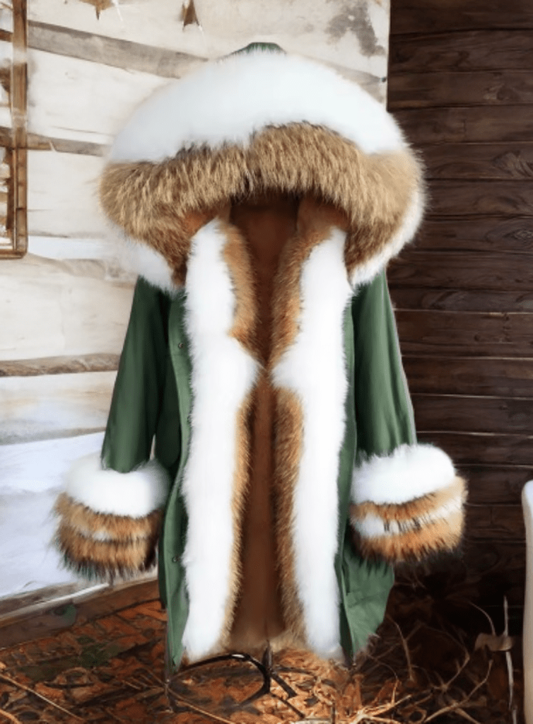Kurtka z futrem lisa,lisem parka khaki damska, MOYA od LEU. Kurtka zimowa damska z futrem naturalnym.