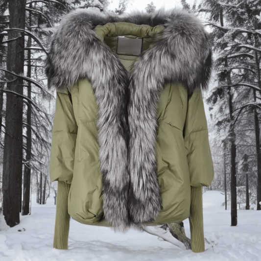 Kurtka z futrem puchowa damska khaki lis naturalny srebrny,VALENTINA - LEU