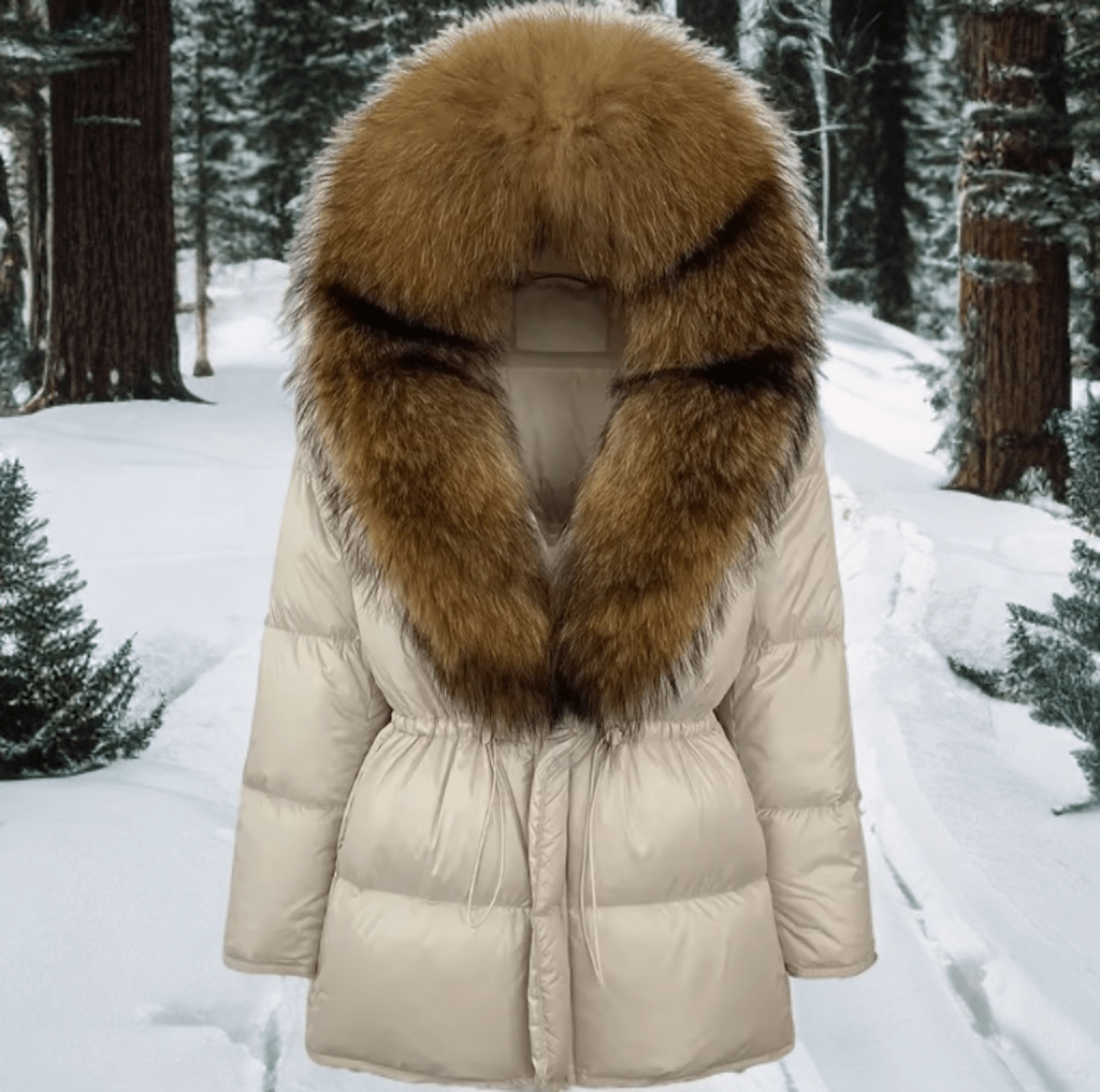 Kurtka z futrem damska beżowa z jenotem,SHELIA-LEU. Kurtka zimowa z futrem naturalnym damska.