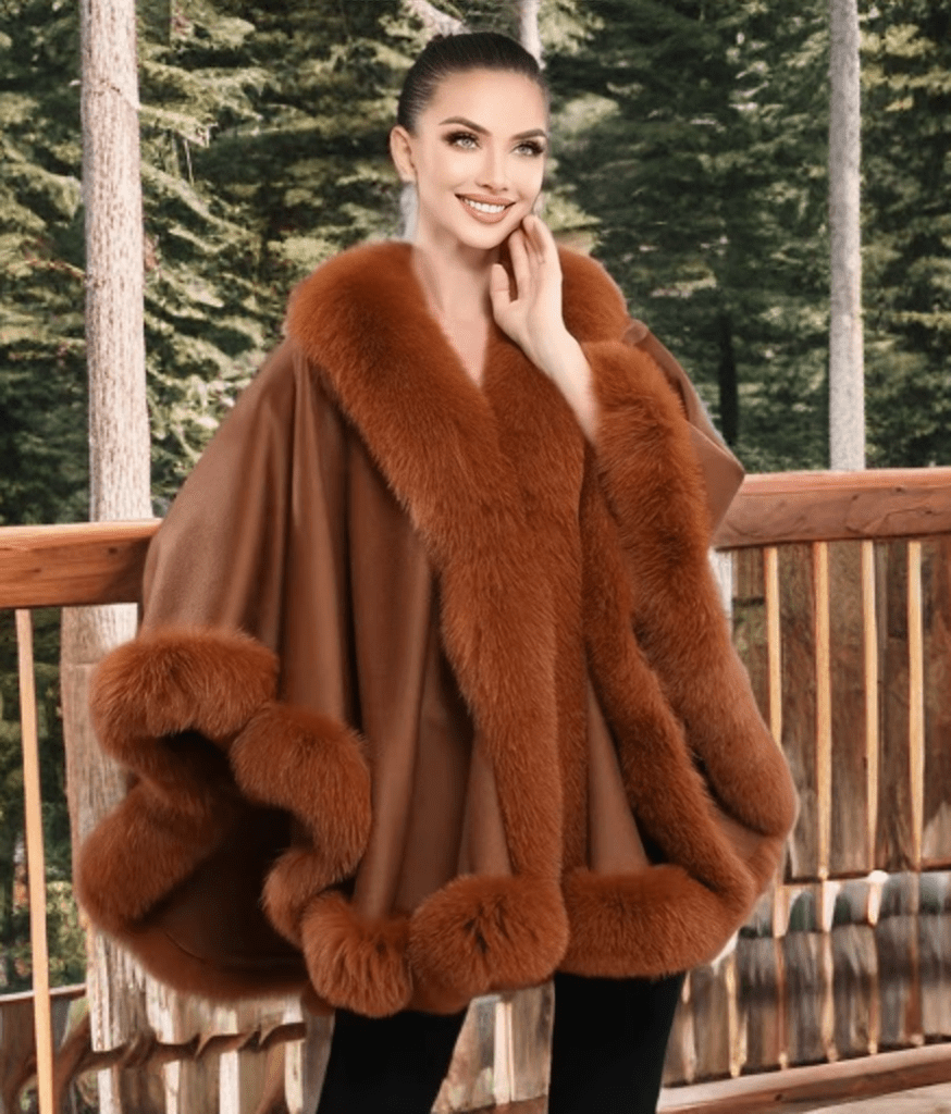 Płaszcz z lisa futrzane ponczo z lisem oversize ciemny brązowe, GALA. Futrzany płaszcz damski od LEU.