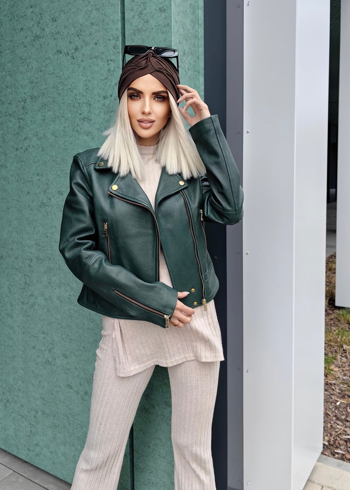 Ramoneska skórzana damska ze skóry butelkowa zieleń,NATALIE od LEU