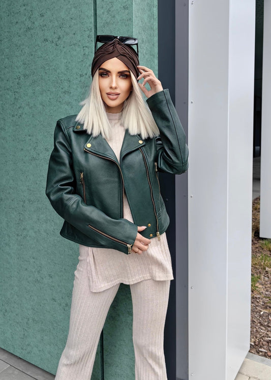 Ramoneska skórzana damska ze skóry butelkowa zieleń,NATALIE od LEU
