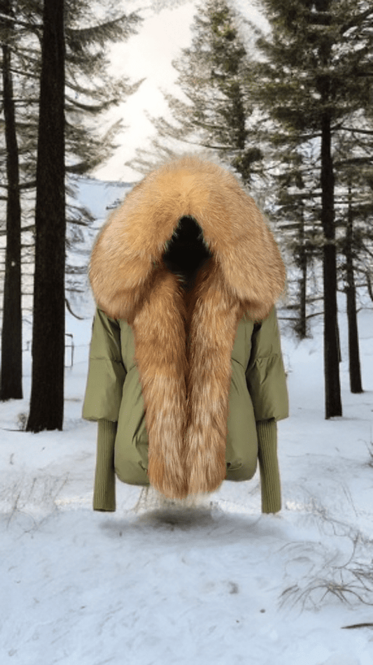Kurtka z futrem puchowa damska khaki lis naturalny rudy,VALENTINA - LEU