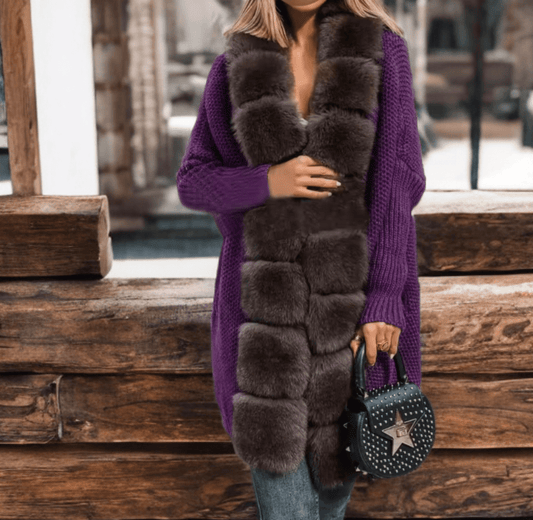 Sweter z lisem naturalnym brązowym,fioletowy - LEU